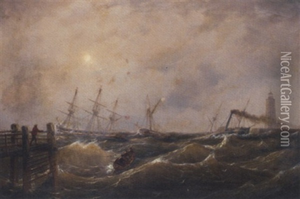 A Heavy Swell At The Harbour Mouth Oil Painting - Johann Baptist Weiss