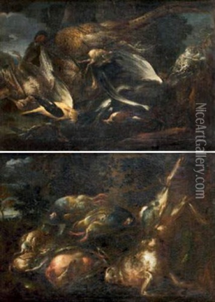 Nature Morte Au Canard, Perdrix Et Lievre (+ Nature Morte Au Faisan Et Volatiles; Pair) Oil Painting - Baldassare De Caro