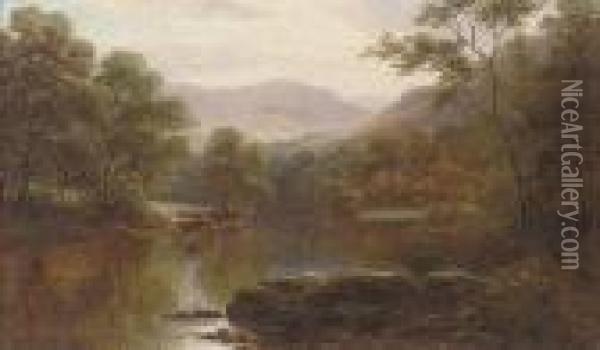 Cattle Watering On The Conway, North Wales Oil Painting - William Mellor