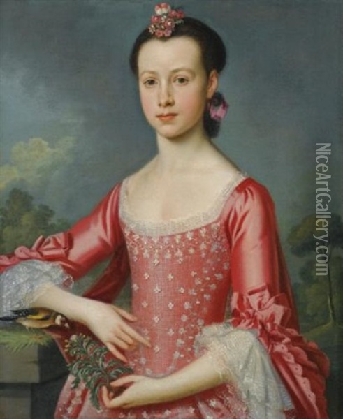 Portrait Of Miss Bache, Half Length, Wearing A Red Dress Oil Painting - Christopher Steele