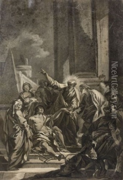 Saint Pierre Guerissant Le Paralytique, Grisaille Oil Painting - Jean Baptiste Henri Deshays