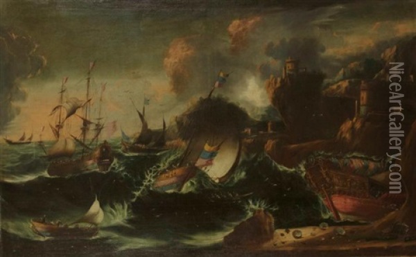 Bateaux Sur Une Mer Agitee (pair) Oil Painting - Antonio Francesco Peruzzini