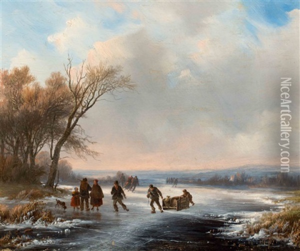 Strollers And Skaters On The Ice Oil Painting - Cornelis Kimmel