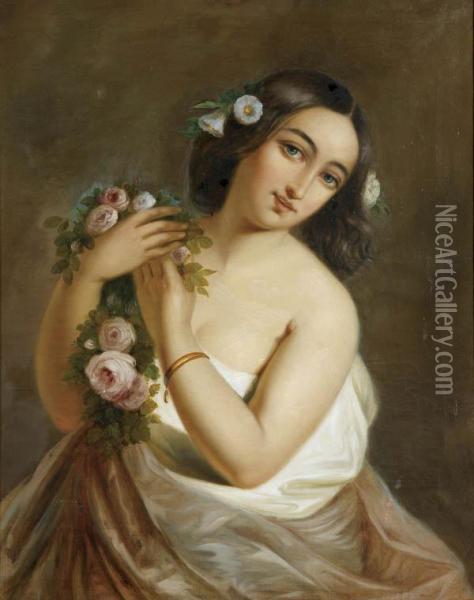 Young Maiden With Roses Oil Painting - Clemens Bewer