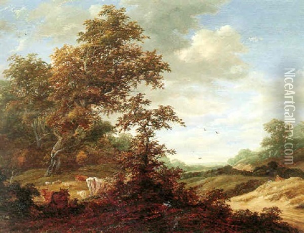 Landscape With Cattle Resting In A Clearing Beside A Country Road Oil Painting - Jacob Salomonsz van Ruysdael