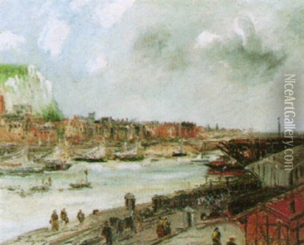 A Riverside Town Oil Painting - Edouard-Jacques Dufeu