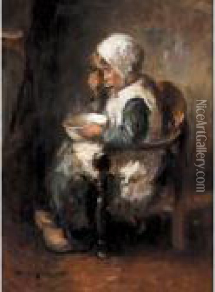 A Spoonful Of Porridge Oil Painting - Robert Gemmell Hutchison