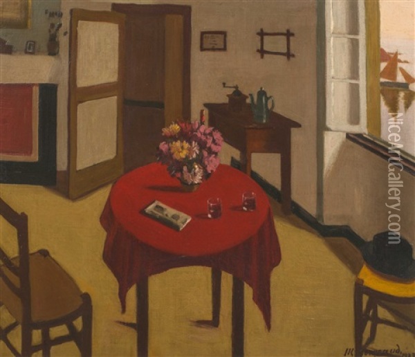 Interieur A La Table Rouge Oil Painting - Marius Borgeaud