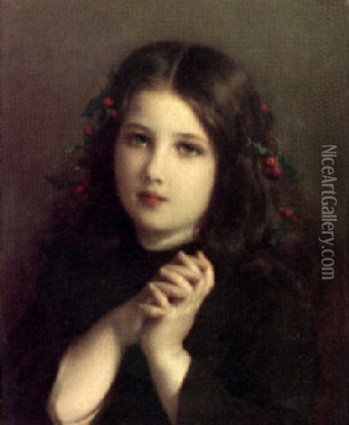 A Young Girl Adorned With Holly Oil Painting - Etienne Adolph Piot