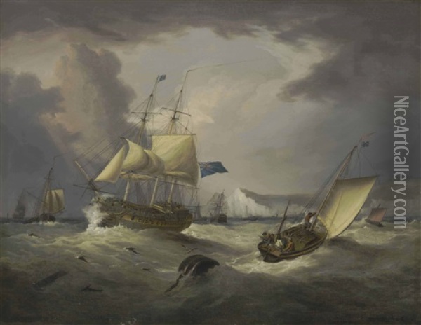 A Thirty-gun Frigate Of The Blue Squadron Off Dover Castle In Choppy Seas Oil Painting - George Webster