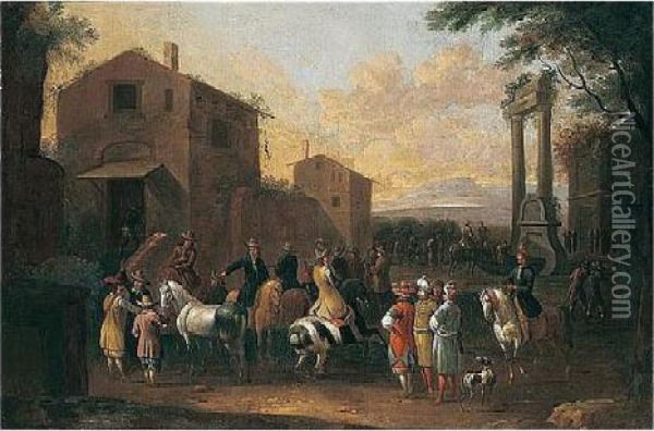 A Town Scene With Cavaliers And Orientals Before A Fountain Oil Painting - Pieter van Bloemen