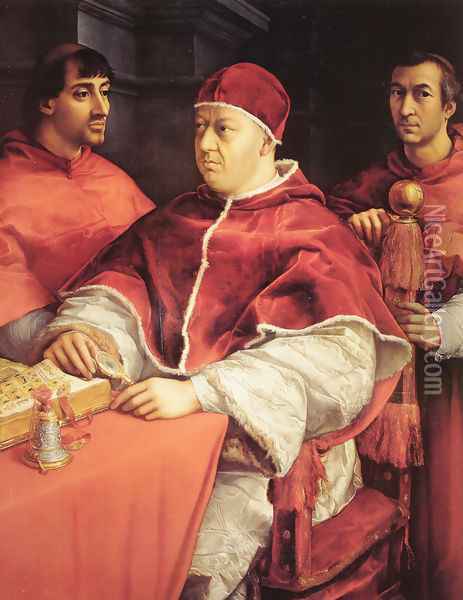 Portrait of Pope Leo X and Two Cardinals Oil Painting - Raffaelo Sanzio