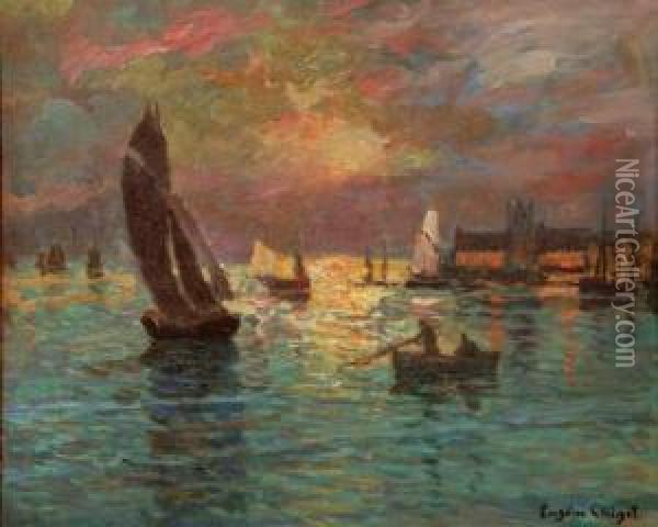 Bateaux Au Crepuscule Oil Painting - Eugene Chigot