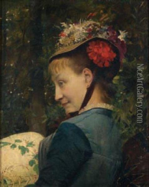 Portrait D'elegante Au Chapeau Fleuri Oil Painting - Gustave Claude Etienne Courtois