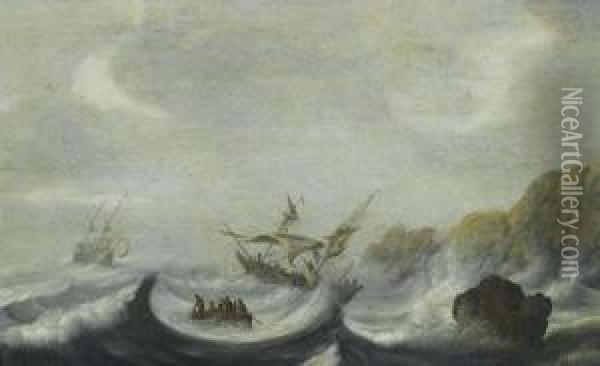 Schiff Im Sturm. Oil Painting - Abraham Hendrickz Van Beyeren