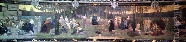 The Sacred Wood, mural in the Grand Amphitheatre depicting allegorical figures of the Sorbonne, Eloquence, Poetry, Philosophy, History, Botany, Geology, Physics and Geometry, 1887-89 Oil Painting - Pierre-Cecile Puvis De Chavannes