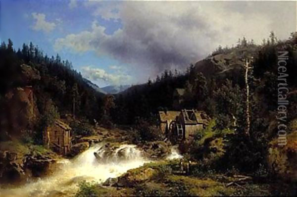 Landscape with a watermill Oil Painting - Herman Herzog