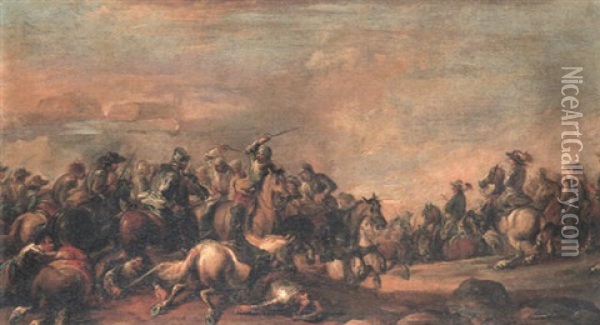 A Cavalry Skirmish Between Saracens And Mounted Soldiers Oil Painting - Francesco Simonini