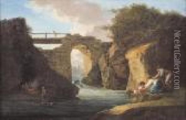 Paesaggio Con Ponte E Figure Oil Painting - Hubert Robert