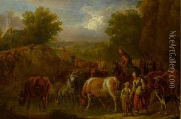 Herdsmen Grazing Their Cattle Before An Open Landscape Oil Painting - Pieter van Bloemen