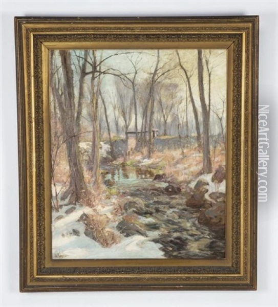 A Snowy Forest Clearing With A Stream Oil Painting - Hal Robinson