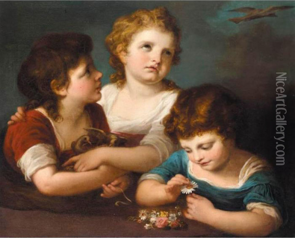 Children With A Bird's Nest And Flowers Oil Painting - Angelica Kauffmann