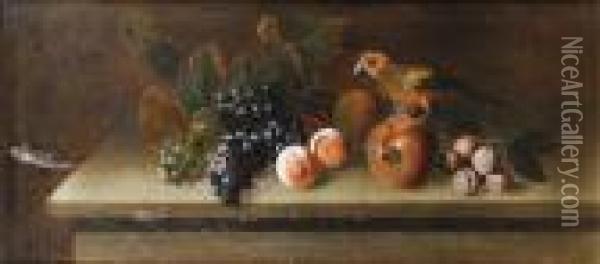 A Parrot With Grapes, Peaches, Plums And Apomegranate On A Table-top Oil Painting - Tobias Stranover