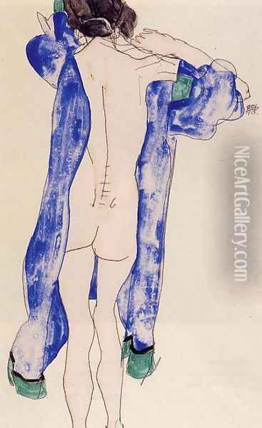 Standing Female Nude In A Blue Robe Oil Painting - Egon Schiele