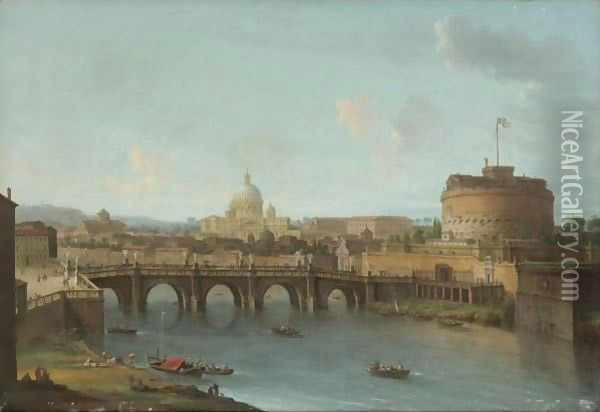 Rome, A View Of The Tiber With The Ponte And Castel Sant'Angelo, St. Peter's Basilica And The Vatican Beyond Oil Painting - Antonio Joli