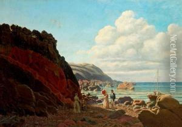 View From A Rocky Coast With Persons. Signed C. H. 1881 Oil Painting - Carsten Henrichsen