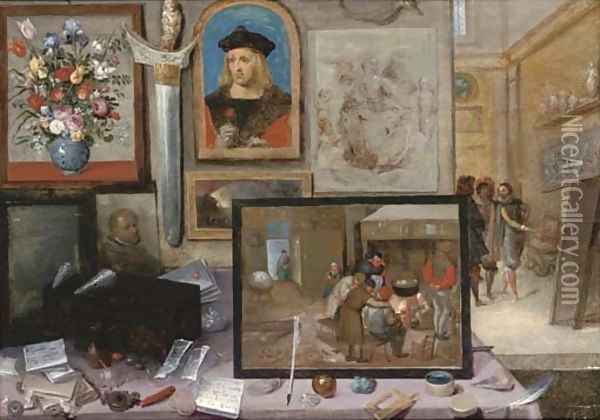 The interior of an artist's studio, with the artist showing his work in the background Oil Painting - Frans II Francken