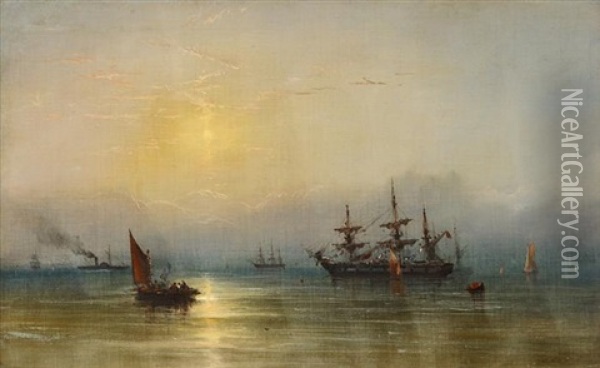 Ships At Twilight Oil Painting - James Hamilton