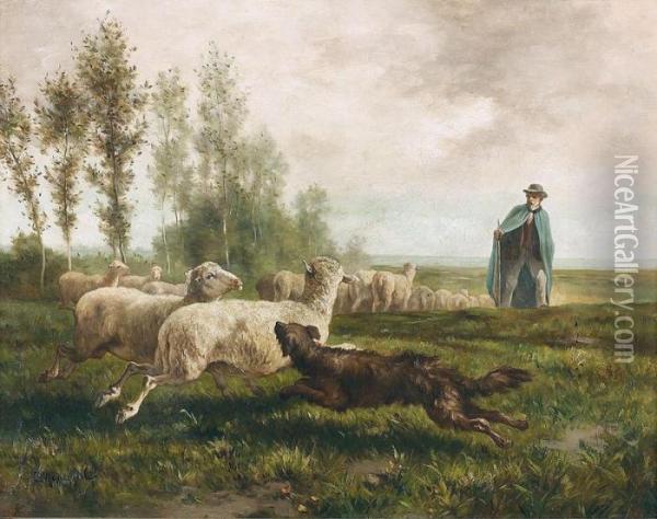 Weidelandschaft Mit Hirten, Herde Und Hund Oil Painting - Enrico Meneghelli