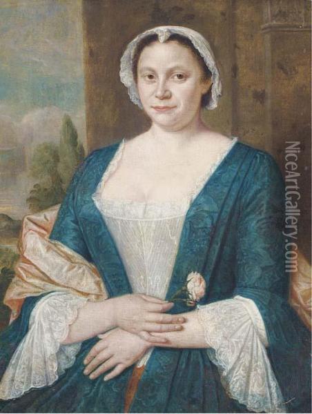 Portrait Of A Lady, Half-length, In A Blue And White Dress With Apink Shawl And White Cap, A Rose In Her Right Hand, A Landscapebeyond Oil Painting - Harmen Serin