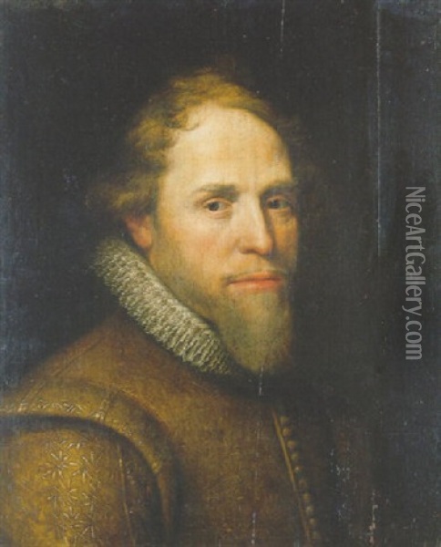 Portrait Of Maurice Of Nassau, Prince Of Orange, Wearing A Gold Embroidered Ochre-coloured Jacket With Lace Collar Oil Painting - Michiel Janszoon van Mierevelt