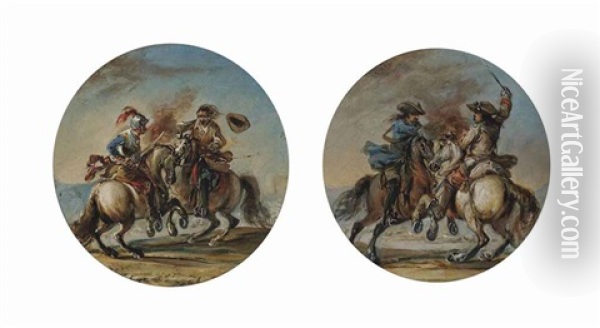 A Cavalry Skirmish And A Cavalry Skirmish (a Pair) Oil Painting - Francesco Simonini