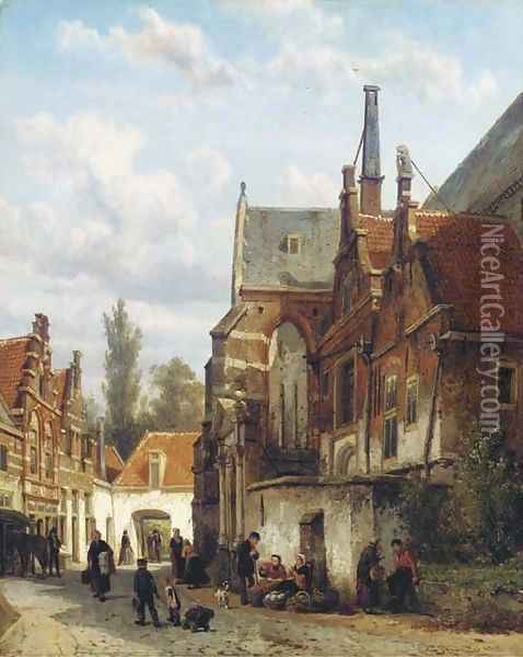 Achter de Zuiderkerk te Enkhuizen bij zomer figures conversing by the Zuiderkerk in Enkhuizen Oil Painting - Cornelis Springer
