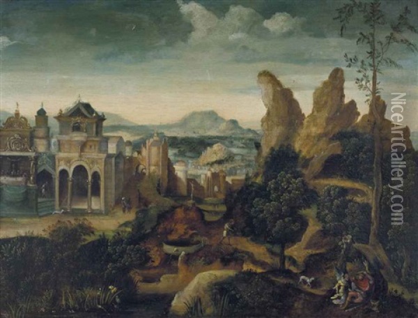 A Mountainous Landscape With The Feast Of Herod And The Dream Of Joseph Oil Painting - Herri met de Bles