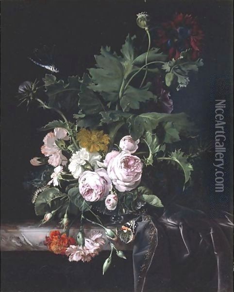Peonies, Carnations, Thistles And Other Flowers In A Glass Vase On A Partly Draped Marble Ledge With A Butterfly And A Dragonfly Oil Painting - Willem Van Aelst