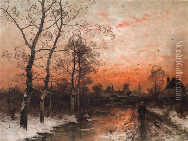 Winter In The Village Oil Painting - Heinz Flockenhaus