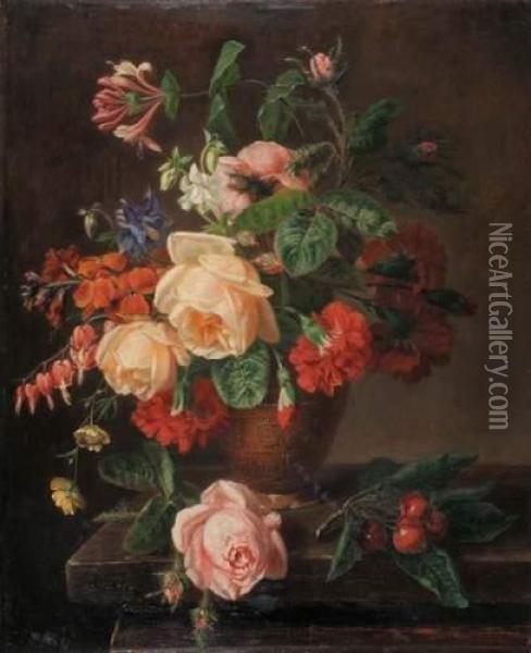 Nature Morte Au Bouquet De Fleurs Sur Un Entablement Oil Painting - Jean-Pierre Lays