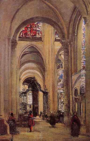 Interior of the Cathedral of St. Etienne, Sens, c.1874 Oil Painting - Jean-Baptiste-Camille Corot