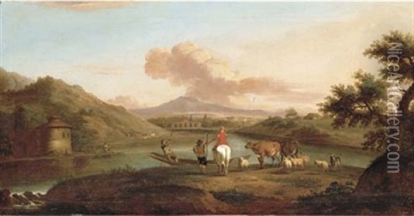 An Extensive Italianate River Landscape With Herdsmen On A Bank And A Man Fishing By A Dwelling Oil Painting - Jan Asselijn