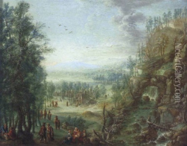 Gebirgige Landschaft Mit Einem Sturzbach Und Vielen Figuren Oil Painting - Robert Griffier