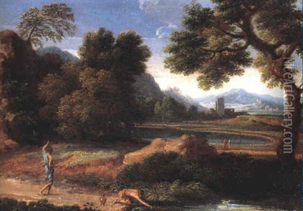 A Classical Landscape With A Figure On A Path And Another Kneeling At The Edge Of A River Oil Painting - Gaspard Dughet