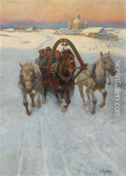 Horse-drawn Sleigh In The Snow Oil Painting - Franz Roubaud