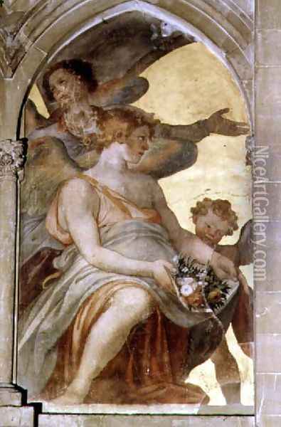 Musical angels within a trompe l'oeil cloister, detail of a seated angel holding flowers, from the interior west facade Oil Painting - Santi Di Tito