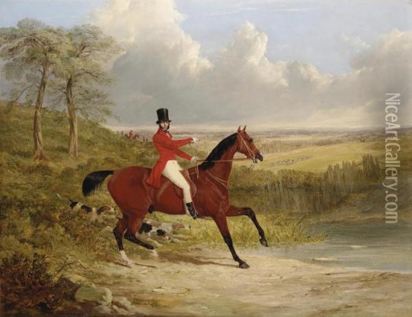A Gentleman On A Bay Hunter, In An Extensive Landscape, A Stag Huntin Progress Beyond Oil Painting - John Frederick Herring Snr
