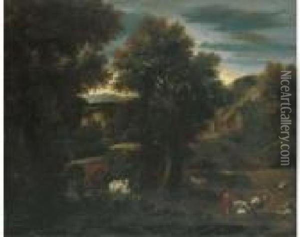 A Wooded Landscape With A Shepherdess And Cattle Oil Painting - Johan Heinrich Roos