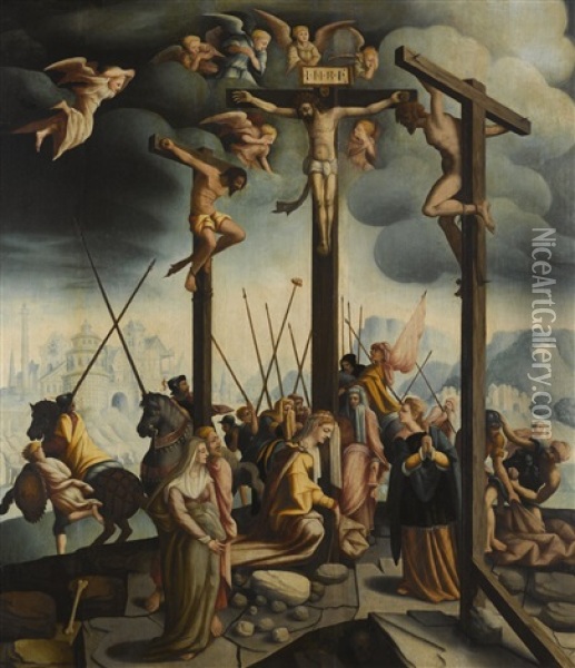 Calvary With The Three Crosses Oil Painting - Jan Van Scorel